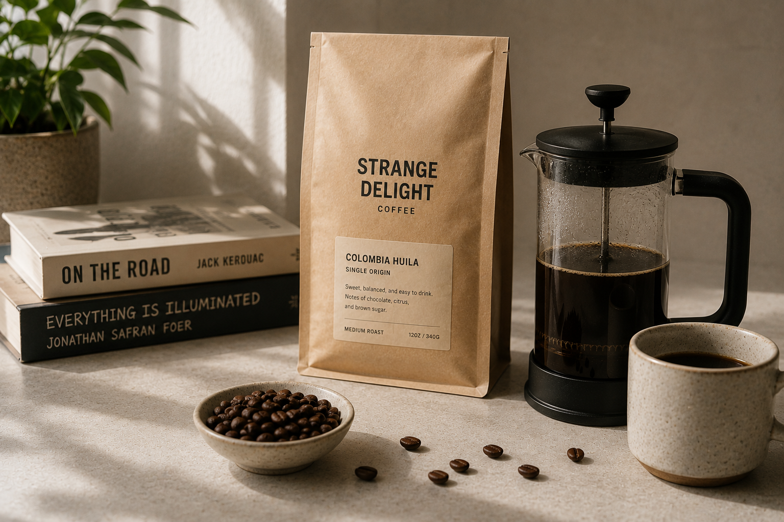 Fresh coffee beans in a scoop beside a plain coffee bag