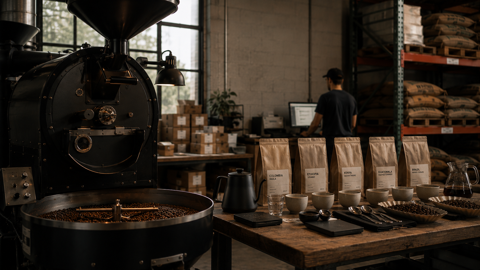 Plain coffee bags on a simple counter